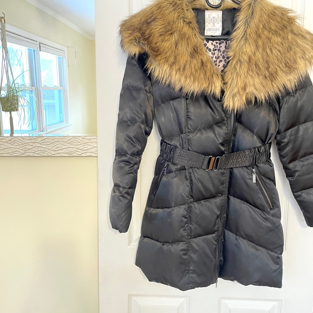 Jennifer Lopez Black Puffer Coat with detachable Faux Fur Trim